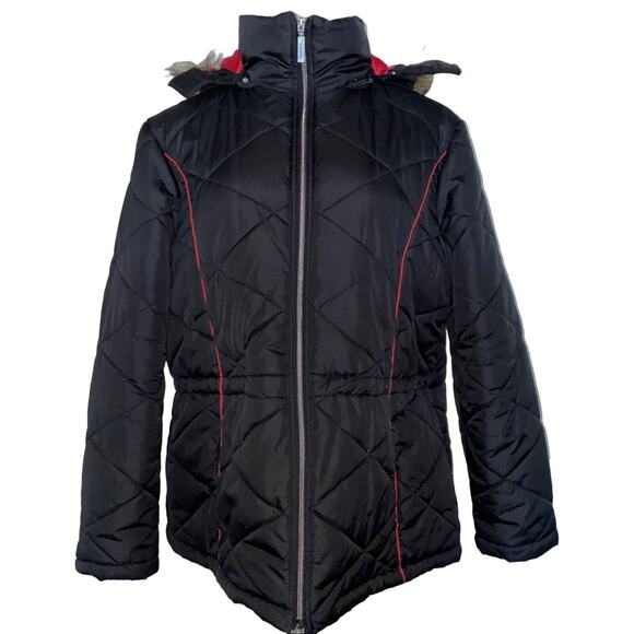KC Collections Puffer or Parka style Coat red black removable faux fur hood XL - Picture 1 of 11